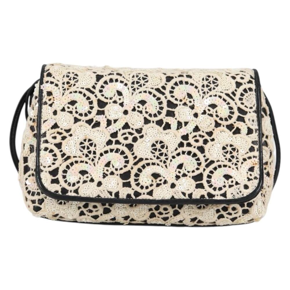 Chanel Sequin Shoulder Bag Leather White Gold